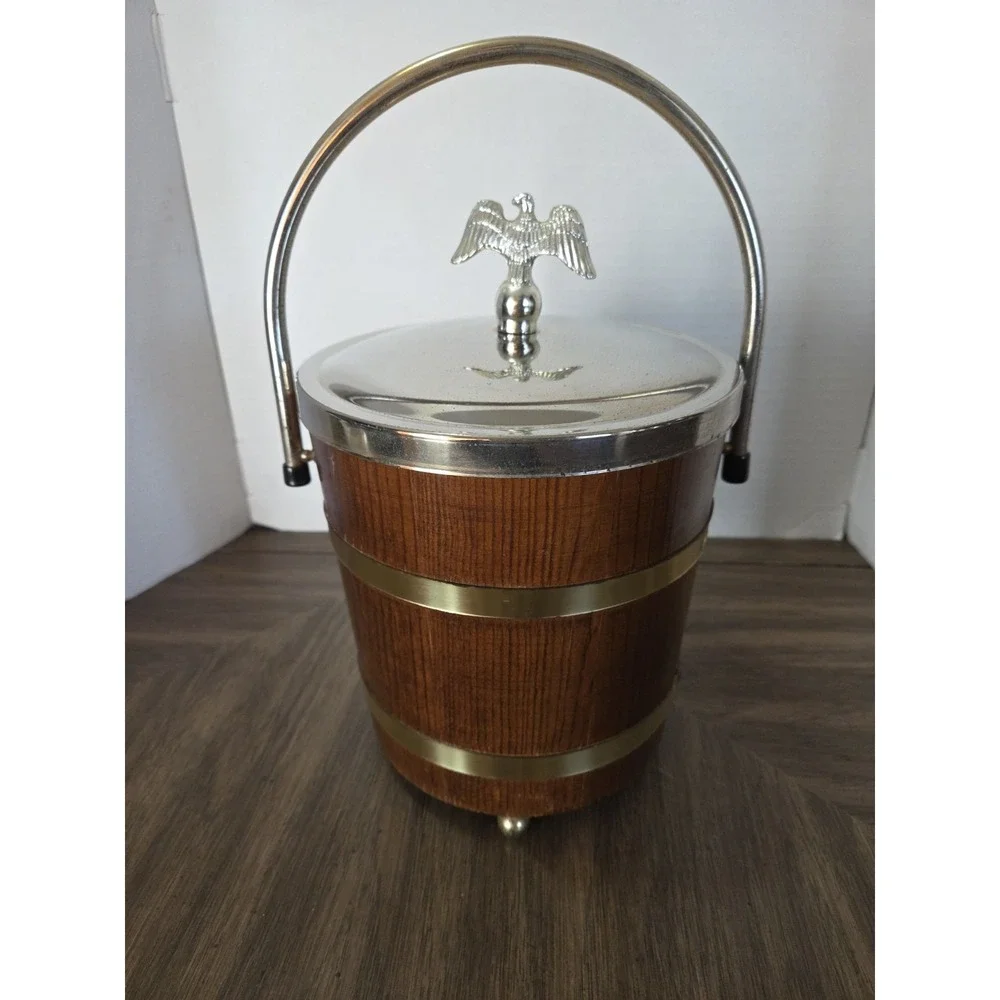 vintage Jerywil wood and brass-accented footed ice bucket from the 1970s